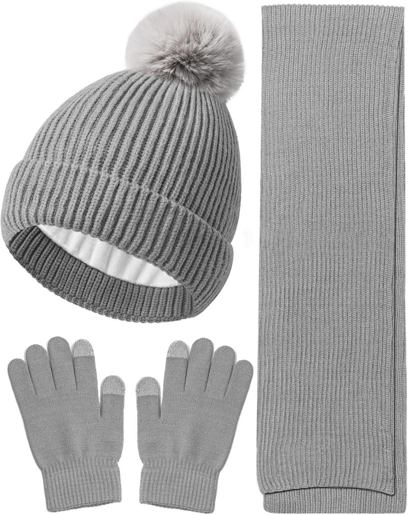 Wandx Kids Winter Hat Gloves Scarf Set Children Pompom Knit Beanie Warm Gloves with Thick Fleece for Boys Girls Ages 4-12 - Image 1